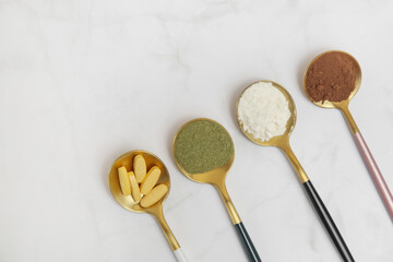 Various sources of nutrients. Dietary or nutritional supplements  for skin, joints, guts and general health. 