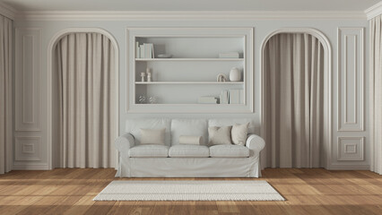 Neoclassic living room, molded walls with bookshelf. Arched doors with curtains and parquet floor. White and beige tones, contemporary sofa and carpet. Classic interior design