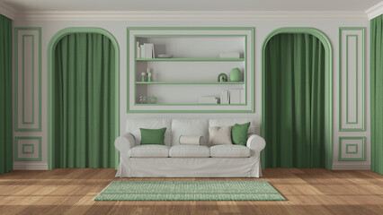 Neoclassic living room, molded walls with bookshelf. Arched doors with curtains and parquet floor. White and green pastel tones, contemporary sofa and carpet. Classic interior design