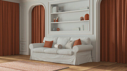 Classic living room, molded walls with bookshelf. Arched doors with curtains and parquet floor. White and orange tones, modern sofa and carpet. Contemporary interior design
