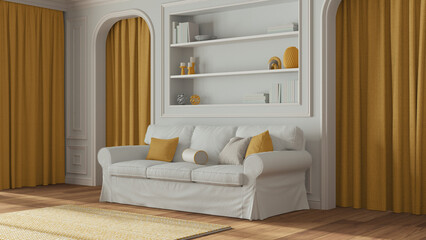 Classic living room, molded walls with bookshelf. Arched doors with curtains and parquet floor. White and yellow tones, modern sofa and carpet. Contemporary interior design