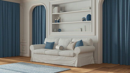 Classic living room, molded walls with bookshelf. Arched doors with curtains and parquet floor. White and blue tones, modern sofa and carpet. Contemporary interior design