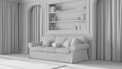 Total white project draft, classic living room, molded walls with bookshelf. Arched doors with curtains and parquet floor. Modern sofa and carpet. Contemporary interior design