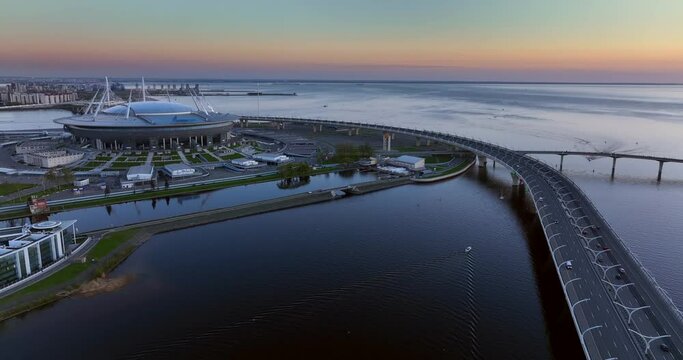 Flying over the motorway, overlooking the Neva River and the football stadium in St. Petersburg