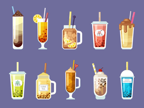 cocktails. alcoholic tropical drinks in transparent glasses. Vector trendy color pictures for design bar menu