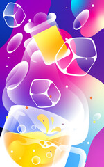 People drink beer in celebration of festival, Oktoberfest with ice cubes and people in background, vector illustration