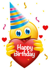 Emoticon face wears birthday hat holding the heart shape with Happy Birthday message