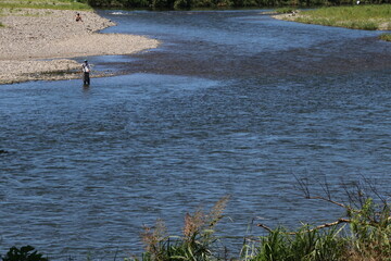 夏の川の風景、釣りをする人。（多摩川にて）
