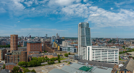 Fototapeta na wymiar Leeds, West Yorkshire, University City in the united kingdom. Aerial view of the city centre, developments, Bridgwater place, retail, leisure, housing and business 