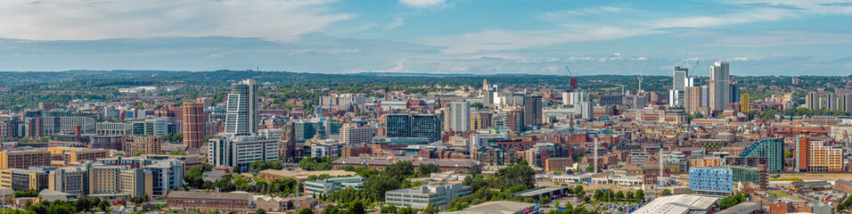 Fototapeta na wymiar eeds city centre panoramic aerial view of the Yorkshire city showing football ground, Bridgewater Place, residential and retail areas. Universiry city in the UK.