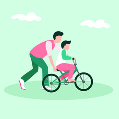 Father Teaching Ride a Bicycle Vector Illustration