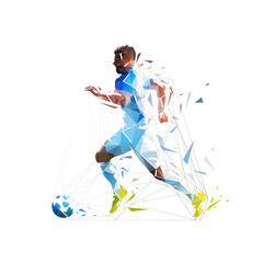 Fototapeta na wymiar Football player running with ball, isolated low poly vector illustration, side view. Soccer, team sport athlete. Geometric footballer logo from triangles