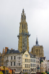 Fototapeta na wymiar View of the Cathedral of Our Lady from Old Town in Antwerp, Belgium