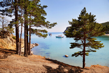 Picturesque seascape. Yachts in a bay with turquoise water color. Coniferous forest. Untouched nature, rest in a wild place.