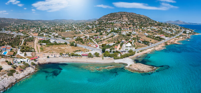 Panoramic view of the beach and coast of Agia Marina, south of Athens, Attica, Greece, with turquoise sea and beaches © moofushi