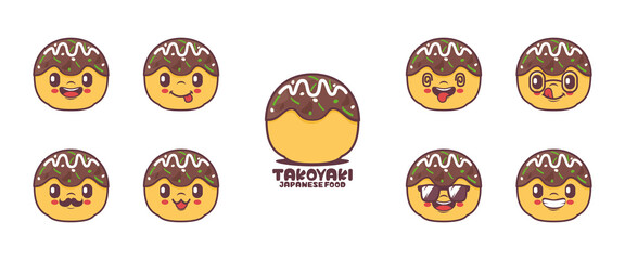 cute takoyaki cartoon. japanese food vector illustration. symbols. emoticons, cartoons