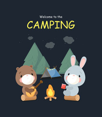 Camping poster with cute bear and rabbit near the campfire. Cartoon style. Vector illustration.	