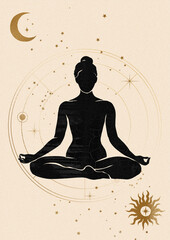Yoga meditation esoteric art illustration. Celestial astrology zodiac art.  - obrazy, fototapety, plakaty