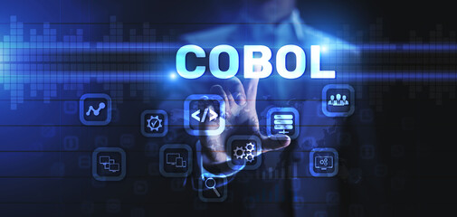 Cobol programming language software development concept on vitual screen.