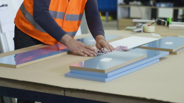 A worker prepares PVC furniture boards for packaging. Close-up. Furniture manufacturing