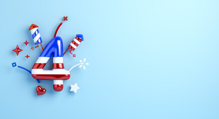 4th of July, Happy Independence Day of the USA with firework rocket confetti on blue background, copy space text, 3D illustration.