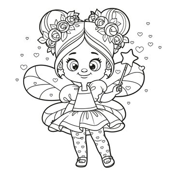 Cute cartoon little fairy casts spell with magic wand outlined for coloring on white background
