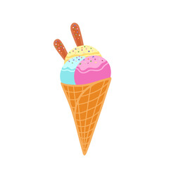 Ice cream in waffle cone. Vector Illustration for printing, backgrounds, covers, packaging, greeting cards, posters, stickers, textile and seasonal design. Isolated on white background.