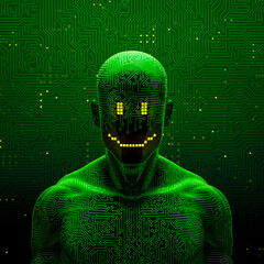 Smiling artificial intelligence - 3D illustration of dark pixel smile faced male robot figure with abstract computer circuit board background - 511669198