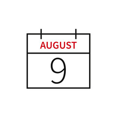 Calendar with date 9 august, line icon month name and date. Flat vector illustration for UI graphic design.