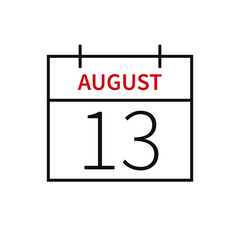 Calendar with date 13 august, line icon month name and date. Flat vector illustration for UI graphic design.