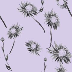 Calm floral seamless pattern with isolated flowers on trendy very peri background. Hand drawn blossom flowers in freehand ink style. Botanical elements for package, textile, wallpaper, bedding.