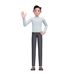 Businessman waving hand saying Hi, 3D render businessman greeting character illustration