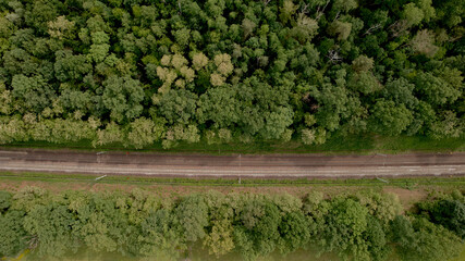 tory kolejowe z drona z góry pomiędzy drzewami 