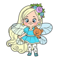 Cute cartoon little fairy with long hair holding a teddy bear color variation for coloring page isolated on white background