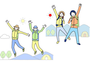 登山前にポーズをとるカップル