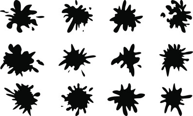 Decorative splashes and drops. A set of black ink blots. Ink stains, paint splashes. Paint splatter set. liquid decorative forms. Vector illustration.