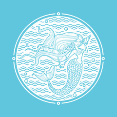 Mermaid and waves circle emblem. Linear style art for fashion, beauty salon, childish accessories, organic cosmetics.