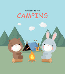 Camping poster with cute bear and rabbit fried sausages. Cartoon style. Vector illustration.
