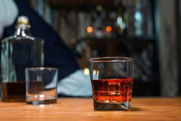 Bartender Serve Whiskey, on wood bar, 