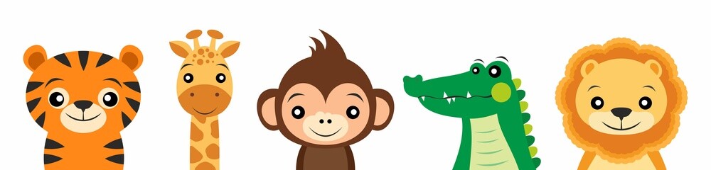 Obraz premium Vector image tiger, giraffe, crocodile, monkey, lion cartoon
