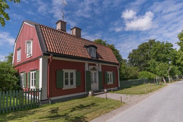 Apartment houses, built for craftsman in the 1700s in the district Kantoon on the Drottningholm island a sunny summer day in Stockholm