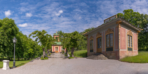 Gazebo styled chines pavilion as a small castle building from 1700s on the Drottningholm island a...