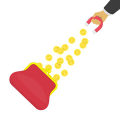 Magnet attracts money out of purse. Flat cartoon magnet power attracting golden coins cash, isolated on white background. Concept of attracting investments. Vector illustration in flat style. EPS 10.