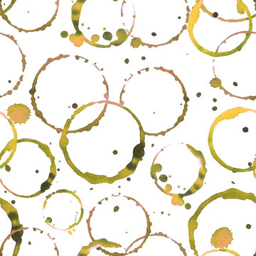 seamless watercolor pattern with drawings of round yellow wine, juice stains, splashes on white background