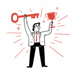 Business man holding up a gold key and trophy cup