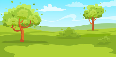 Vector Green Landscape with trees clouds flowers