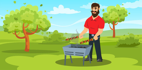 Young Cheerful Caucasian White Hipster Man With Beard Cooking Shashlik