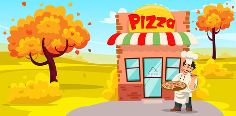 Chef Pizza Banner Appetizing Pizza Cartoon Vector Illustration