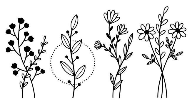 Outline wildflowers bouquets vector clipart. Hand drawn line art field flowers illustration set in tattoo style
