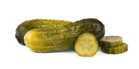 Marinated pickled cucumber isolated on white background. Pickled cucumber with clipping path. Closeup.